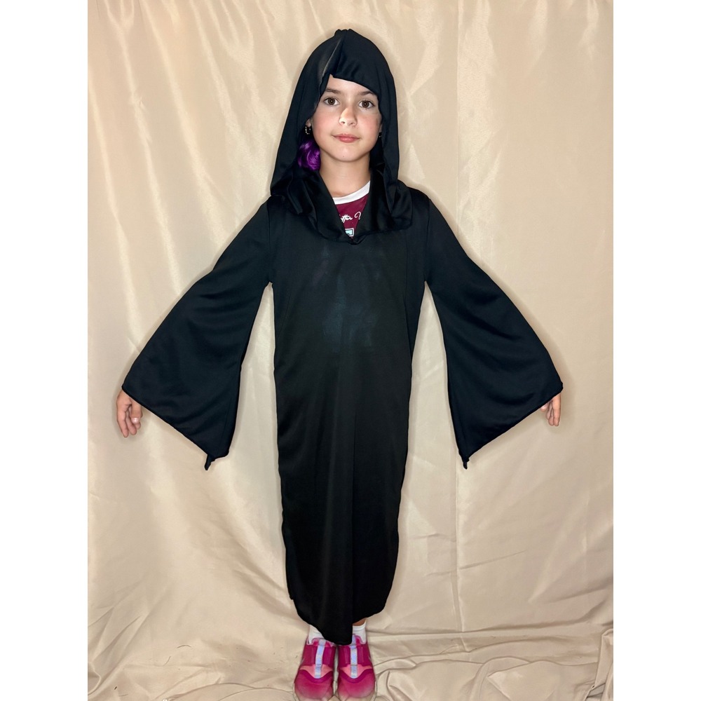 Kids Black Hooded Robe Costume Grim Reaper Phantom Wizard Size Small 4-6